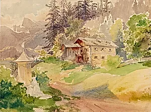 Alpenlandschaft mit Bauernhaus und Frau vor Marterl