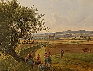 Ansicht der Herrschaft Emmersdorf und Schloss Rothenhof mit Stift Melk im Hintergrund