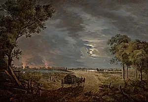 Ansicht der Übergangsbrücke der französischen Armee in die Lobau (Nachtstück mit Mondbeleuchtung)