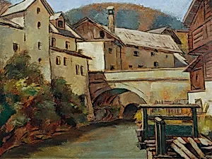 Ansicht einer Stadt mit Fluss und Brücke