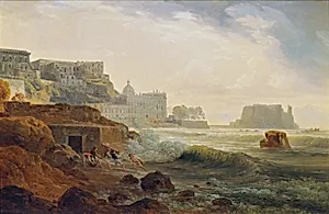 Ansicht von der Chiaia gegen das Castel dell´Ovo mit netzziehenden Fischern