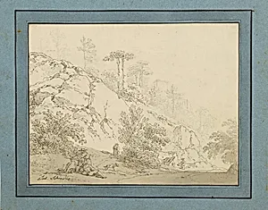 Bauern rastend in felsigem Gelände, Hintergrund Burg