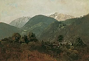Blick von Scheuchenstein zum Gauermannhof mit Schneeberg im Hintergrund