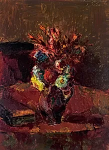 Blumenbouquet mit rotem Tischtuch