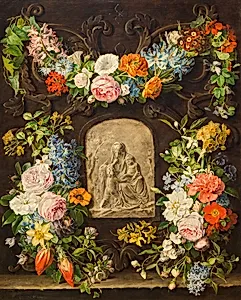 Blumenkranz mit Madonnenrelief
