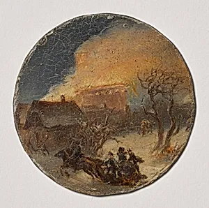 Brennendes Haus und Pferdeschlitten