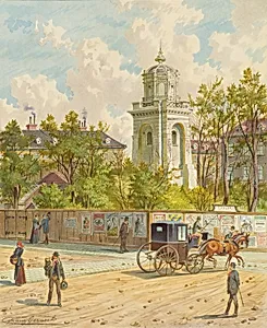 Die Währinger Straße in Wien (mit dem Turm der Ferdinands-Wasserleitung)
