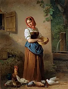 Ein Mädchen, Hühner und Tauben fütternd