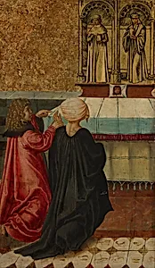 Ein Mann befiehlt seine Ehefrau den Heiligen Cosmas und Damian by Unknown