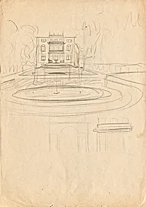 Entwurfsskizzen zu Matschs Ateliervilla - Ansicht vom Garten mit Brunnen by Franz von Matsch