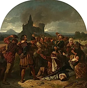 Episode aus dem deutschen Bauernkrieg (Graf Helfenstein am Fuße seiner brennenden Burg, von Bauern verhöhnt) by Hermann Eichler