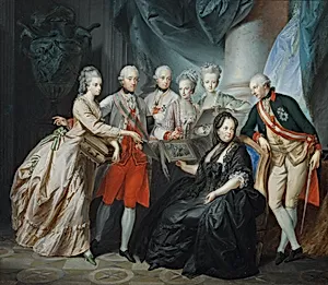 Erzherzogin Marie Christine und Herzog Albert von Sachsen Teschen präsentieren der Familie Bilder von den Verwandten in Italien
