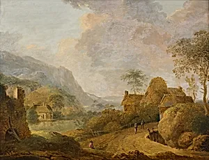 Gebirgslandschaft mit Fluss und Bauernhof