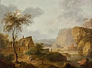 Gebirgslandschaft mit Fluss und Bauernhof