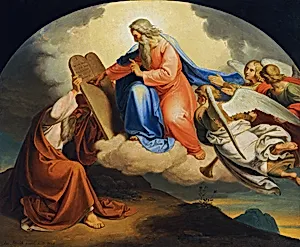 Gott schreibt Moses auf dem Berg Sinai die zehn Gebote auf zwei steinerne Tafeln