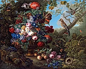 Großes Blumenstillleben mit Vögeln