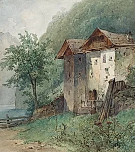 Häuser an Gebirgssee