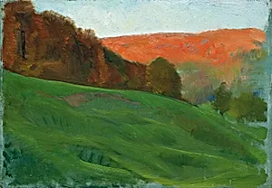 Herbstlicher Wald hinter grüner Wiese by Otto Friedrich