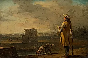 Herr mit Hund in Landschaft by Johann Christian Brand