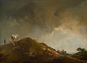 Hügellandschaft mit Kühen und Schafen