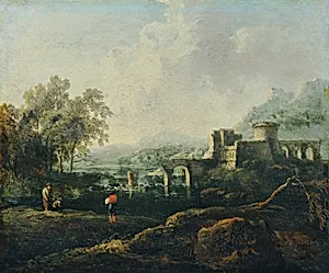 Ideale Landschaft mit Fluss und Brückenruine (Der Morgen)