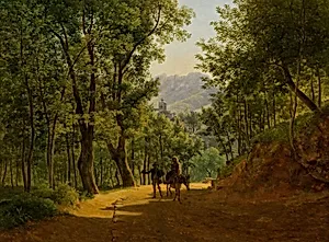 Italienische Landschaft (Weg bei Cava de´ Tirreni mit der Kirche Santa Maria Maggiore von Corpo di Cava und dem Monte Finestra im Hintergrund)