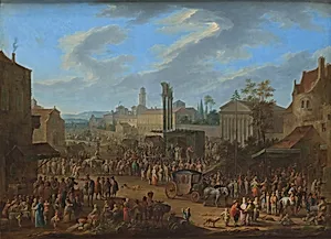 Jahrmarkt mit Tempel und Maibaum