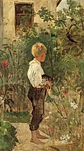 Knabe mit Katze im Garten by Joseph Hasslwander