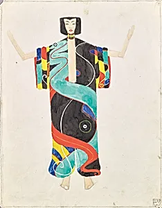 Kostümstudie in Hosenkimono für die Aufführung von Julius Bittners "Der Mantel der Liebe" im Gartentheater der Internationalen Kunstschau, Wien 1909