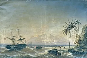 Kriegsschiff vor den Südseeinseln