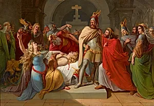 Kriemhild an der Leiche Siegfrieds erklärt Hagen als dessen Mörder und schwört Rache