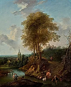 Landschaft mit drei Bäumen und Kirche