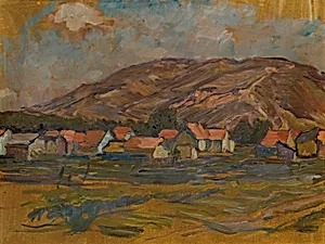 Landschaft mit Häusern und Berg