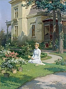 Mädchen im Garten einer Villa