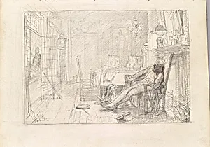 Mann in Fauteuil und Tod bei Türe