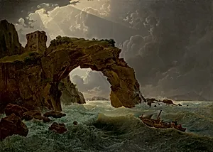 Meeressturm beim Arco di Miseno bei Miliscola mit Blick gegen Nisida