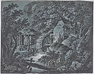 Mühle in Waldlandschaft mit mehreren Personen und einem Riesen