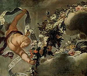 Putto mit Blumengewinde und Spruchband