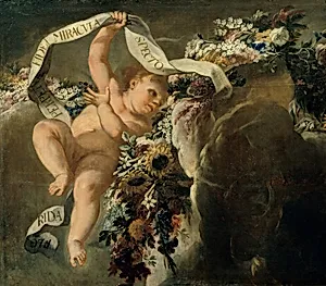 Putto mit Blumengewinde und Spruchband