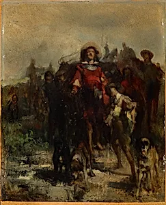Ritter, Knabe und drei Hunde, möglicherweise auf der Jagd