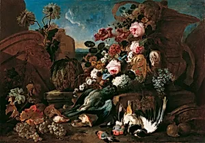 Stillleben mit Blumen, toten Vögeln und Ruinenstücken