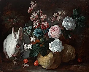 Stillleben mit Kaninchen, Blumen und Früchten
