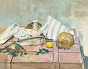 Stillleben mit Totenkopf und Fischen