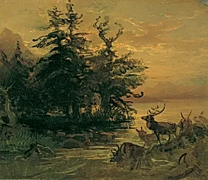Suhlende Hirsche am Ufer eines Bergsees