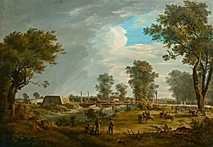 Szene aus den Napoleonischen Kriegen: Brücke in der Lobau mit französischer Infanterie