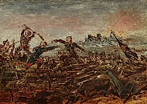 Totentanz auf dem Schlachtfeld vor brennenden Ruinen