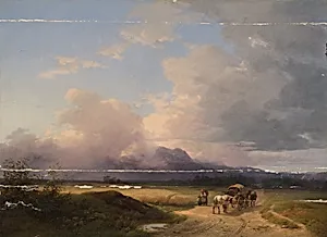 Voralpenlandschaft mit Fuhrwerk auf der Straße