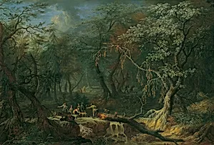 Waldlandschaft mit gestürztem Baum und Jägern