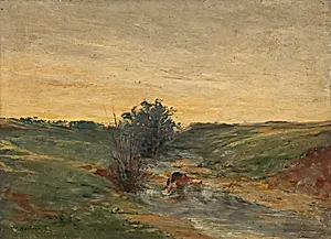 Wäscherin am Bach bei Sonnenuntergang