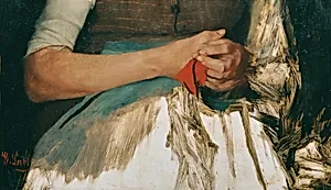 Zwei Hände mit rotem Tuch auf blauer Schürze by Wilhelm Leibl